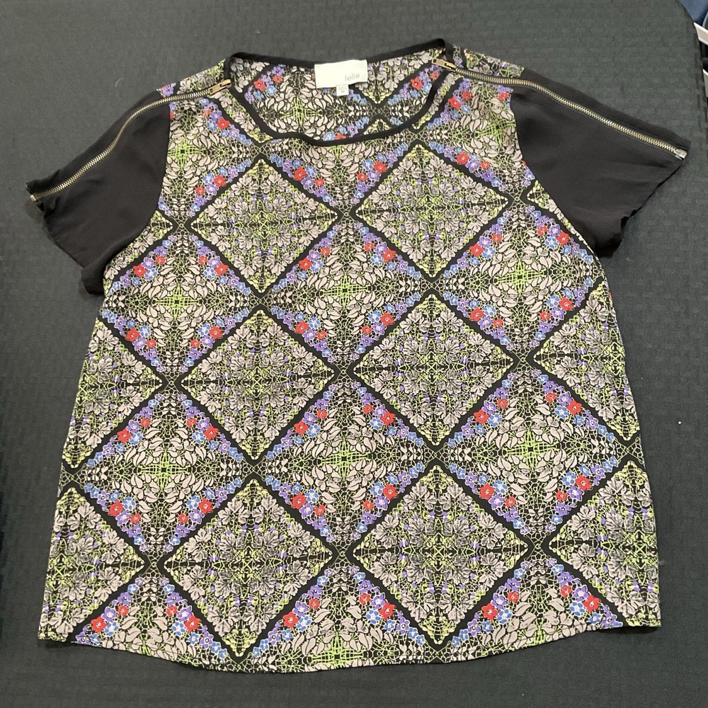 Lelis Shirt Womens Medium Multicolor Floral Short Sleeve Zip Shoulder Top